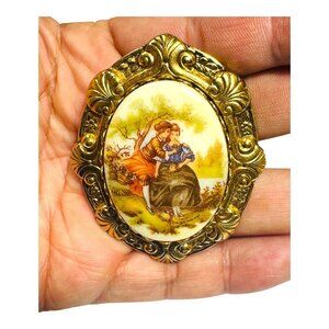 Vintage Fragonard Style Gold Tone Brooch With Romantic Scene Oval Porcelain